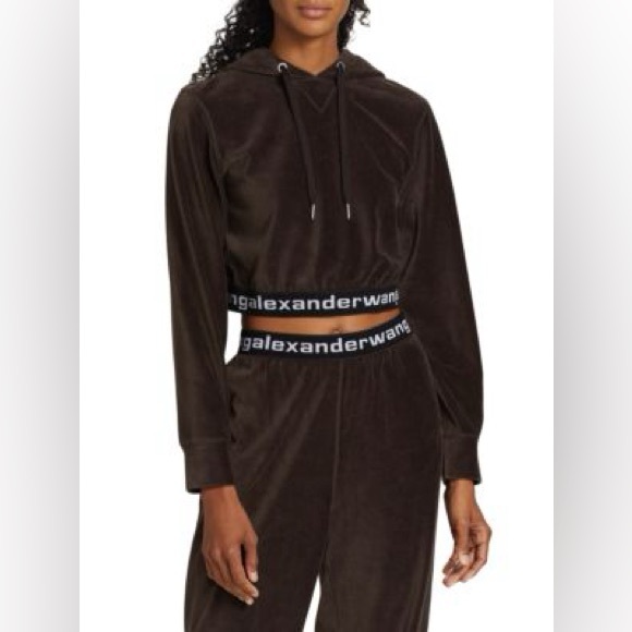 ALEXANDERWANG.T Stretch Corduroy Cropped Hoodie in Cola - Picture 2 of 10